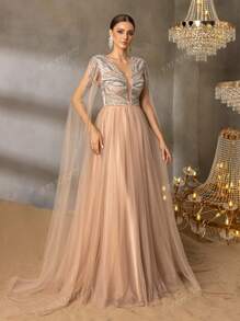 Faeriesty Faeriesty Luxurious Beaded Sequin Evening Gown – Plunging V-Neck With Bold Crystal Beading & Sheer Tulle Cape, Fluid A-Line Silhouette For Red Carpet Galas, Prom & Black Tie Affairs