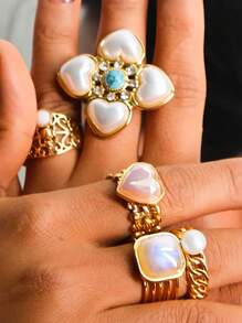 1 anel de coquetel banhado a ouro em aço inoxidável estilo retrô vintage com pérolas, turquesas e decorações de pedras preciosas coloridas, design floral vazado, adequado para festas noturnas e eventos temáticos retrô