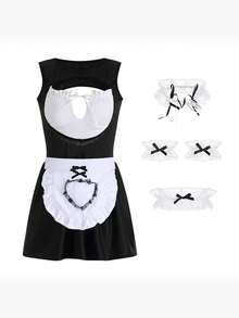 1 套女式动漫女仆服装可爱俏皮女仆洛丽塔连衣裙，黑暗恶魔简约性感角色扮演派对服装包括头饰 + 2 个腕带 + 1 个腿环 - 黑色 - 查看 6