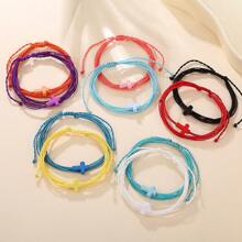 10pcs/Set Adjustable Braided Wax Cord Bracelet Anklet With Cross Charm, Colorful Set For Beach/Surfing
