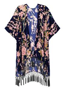 Easter Gift Burnout Velvet Kimono Cardigan For Women With Tassels, Elegant Flower Pattern, Swimsuit Cover-Up, Navy Blue, 1 Size Fits All - 藍色 - 查看 1