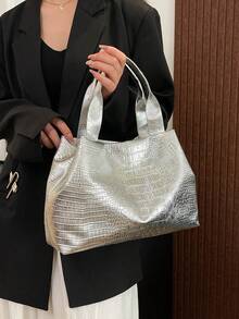 2025新款大容量手提包，亮面简约女士时尚百搭通勤托特包 - 銀色 - 查看 8