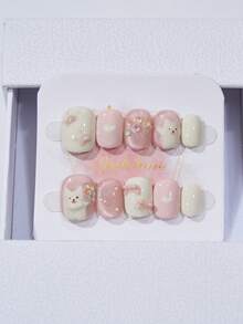 10片装可爱粉白猫咪气球、爪印、心形美甲贴纸，适合日常约会。短方形可爱温柔猫眼假指甲，适合作为送给女性和女孩的礼物。美甲用品 - 粉色 - 查看 4