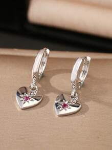 1 Pair Elegant & Fashionable Copper Micro-Inlaid Pink Cubic Zirconia Heart Pendant Earrings, Versatile Sweet Gift For Women, Valentine's Day