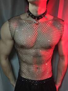 1 件闪亮水钻性感渔网短款上衣 - 网眼镂空背心，适合派对、舞会、海滩遮盖、俱乐部和休闲装、透明胸衣衬衫、双面、耐用、夜总会装