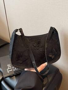 Random Lace Butterfly Decor Crescent Shoulder Bag For Women - Black - View 2