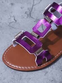 女士平底凉鞋，纯色波西米亚风格 PU 皮革铆钉扣平底凉鞋，适合海滩、婚礼、派对、办公室、家居、户外、夏季