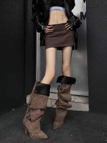 Fall/Winter 2025 Summer New Button Splice Layered Boots, Pointed Toe Thin Heel Tall Boots For Fashionable Ladies,Brown Boots,Y2K Style - Brown - View 3