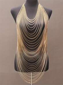 1pc Sexy Multilayer Crystal Tassel Body Chain, Glitter Jewelry Dramatic Chest Chain, Goth Bikini Accessory