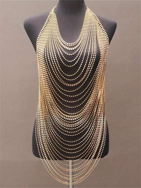 1pc Sexy Multilayer Crystal Tassel Body Chain, Glitter Jewelry Dramatic Chest Chain, Goth Bikini Accessory
