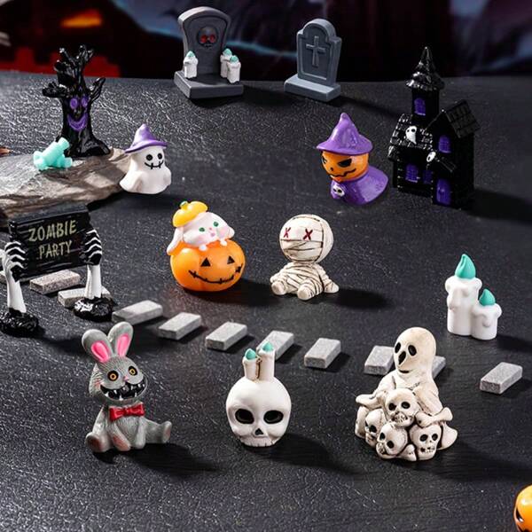 21 Stücke Halloween Dekorationen, Halloween Szenenaufbau Miniaturmodell, Halloween Mini Deko, Halloween kleine Ornamente, Schädel Mumie, Auferstehungsgeist Festivalhorror Kunstharzornamente, kreative Dekoration für Zuhause und Schreibtisch