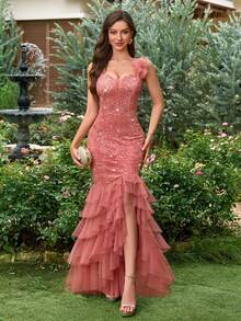 MIUSOL Đầm xẻ cao xếp lớp, đính sequin, ren hoa, lưới, kiểu dáng thanh lịch dành cho nữ, thích hợp dự tiệc cưới, lễ tốt nghiệp, tiệc tối trang trọng và các dịp khác, ngày lễ tình nhân mùa xuân. - Bụi hồng - Xem 2