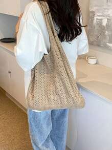 Distinctive Mori Style Knitted Tote Bag - Casual Lightweight Shoulder Handbag With Foldable Design, Boho Crochet Tote Bag - Fashionable Summer Beach Shoulder Bag With Beige/Ivory Hollow Weave Design, Suitable For Women, Art, Shopping Bag, Cute Y2K Crochet Bag For Casual Outings And Relaxation, Beach Bag With Lovely Love Pattern Knitted Shoulder Bag, Suitable For School, Travel, Shopping