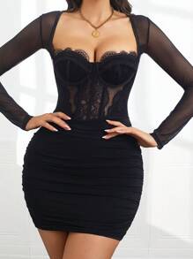 1pc Lace Dress Long Sleeve Women Dresses Sexy Ruched Bustier Bodycon Dress