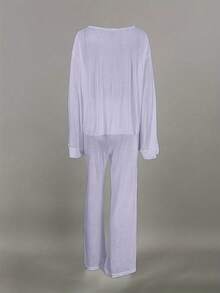 Women Solid Color Sheer Material Round Neck Long Sleeve Straight Leg Pajama Set, Suitable For Outerwear - Purple - View 4