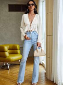 Blusa Feminina Peplum Com Babado Nas Mangas Amarração Frontal Duna Moda Elegançia Comforto