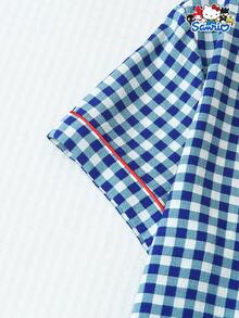 Bộ 3 món/Bộ đồ ngủ nữ xuân/hè Sanrio Hello Kitty kẻ sọc xanh trắng cổ polo tay ngắn có túi cài nút và quần/quần đùi thắt nơ, thích hợp mặc ở nhà, mặc thu đông - Xanh và trắng - Xem 6