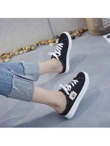 Women Canvas Mules Slip On Sneaker Fashion Comfortable Solid Canvas Slippers Casual Shoes For Women - 黑色 - 查看 6