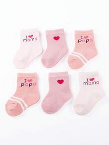 6 双印有“我爱爸爸，我爱妈妈”字母和心形图案的女婴袜子，条纹可爱心形粉色主题，必备礼物，可爱款式适合春夏季，薄款中筒袜长度 - 彩色 - 查看 6