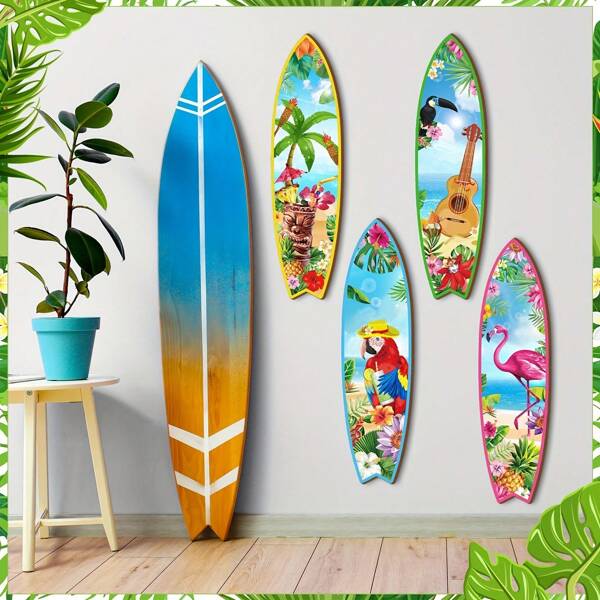 4pcs Wooden Surfboard Wall Decors, Surfboard Wall Hanging Signs, Wooden Beach Decoration For Summer Theme, Hawaii Party Decor, Suitable For Home Bar/Bedroom/Living Room/Kitchen, Tropical Birthday Party