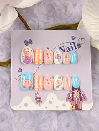 Y2K 更新您的外观 12 件夏季指甲短方形指甲片超光泽按压亚克力儿童假指甲粉色时尚渐变几何条纹星星花朵卡通可爱图案美丽简约风格假指甲人造手指美甲假指甲女士甜美、可爱、简约、优雅风格美甲套装带可拆卸假指甲贴片适合节日穿着、派对、朋友、约会、日常穿着