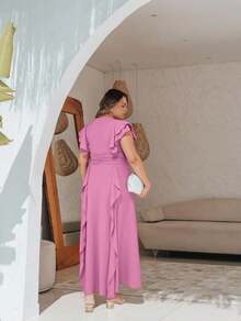 Bridesmaid Plus Size Chiffon Long Prom Dress With Short Sleeves With Double Ruffle Flowing Skirt With Ruffle Details On The Skirt Simple Elegant Party ElegantElegance Chiffon Zipper Ruffle Bridesmaid Wedding Birthday Party Party Graduation Party Formal And Evening Wedding Guest Prom - Rosa - Ver 4