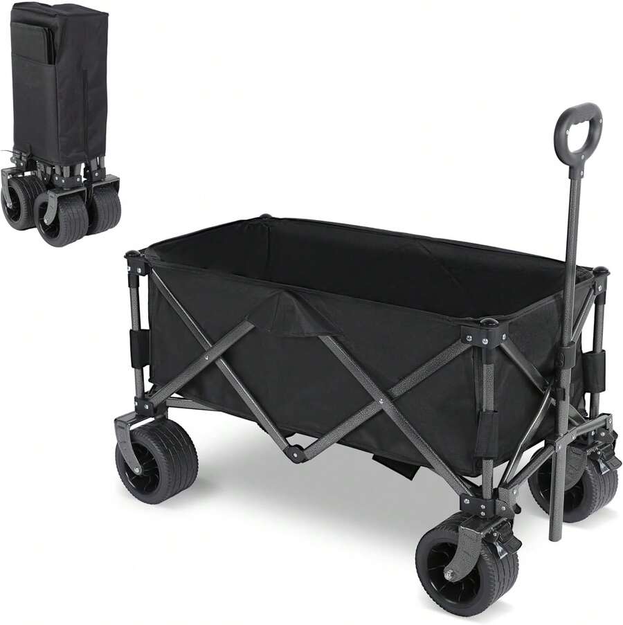 Collapsible Wagon Carts Foldable, Garden Cart With 360° All-Terrain Wheels, Adjustable Handle, 220lbs Weight Capacity, 113L, Utility Wagons For Outdoor, Heavy Duty Wagon Cart - 黑色 - 查看 1