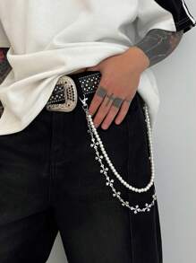 1 pieza Cadena para la cintura estilo retro y minimalista con perlas falsas, cadena cruzada personalizada para hombre, utilizada para decorar pantalones
