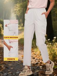 TECTOP Quần đi bộ đường dài ngoài trời cho nữ có cạp chun, 2 túi, dáng ngắn, thoáng khí và thoải mái, mùa xuân/hè - trắng - Xem 1