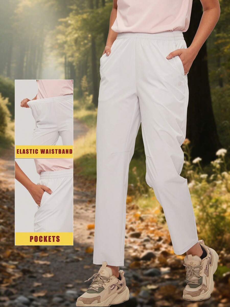 TECTOP Quần đi bộ đường dài ngoài trời cho nữ có cạp chun, 2 túi, dáng ngắn, thoáng khí và thoải mái, mùa xuân/hè - trắng - Xem 1