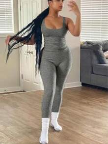 Casual Workout Sets Two Piece Outfits For Women Ribbed Crop Tank Top High Waist Yoga Leggings Active Wear - Heather Grey - View 2