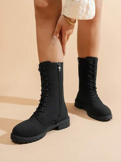 Damen Mode vielseitige Runde Zehenkappe Seitlicher Reißverschluss Knie-Stiefel, Flache Bequeme Lässig Tägliche Outdoor Trage Schwarz Schnür Reitstiefel, Herbst/Winter