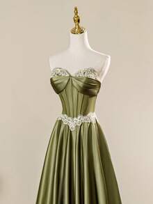 圣诞魅力缎面复古束腰A字长裙，别致伴娘礼服，姐妹晚礼服，派对礼服 - 綠色 - 查看 7