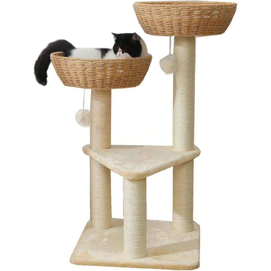 Cat Tree Tower With Rattan Wicker Basket, Handwoven Large Nest Basket Bed, Window Perch For Large Cats Up - 2 Baskets - View 1