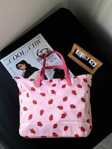 Nuevo bolso estilo coreano para botellas de agua, con estampado de fresa y floral de gran capacidad y multifuncional, bolso de hombro casual para ir al trabajo, adecuado para uso diario, viajes y transporte, puede contener una botella de agua y un teléfono