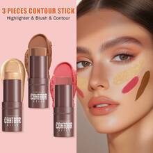 HelloKiss 3pcs/Set Face Contour Highlighter & Blush Stick, Multi-Functional Highlighter & Blush Cream, Concealer Pencil, Non-Greasy, Waterproof & Long-Lasting, Sculpt Facial Contour, Suitable For Beginners, All Skin Tones, Spring, Autumn, Winter, Festivals, Daily Commute - 多色套裝 - 查看 3