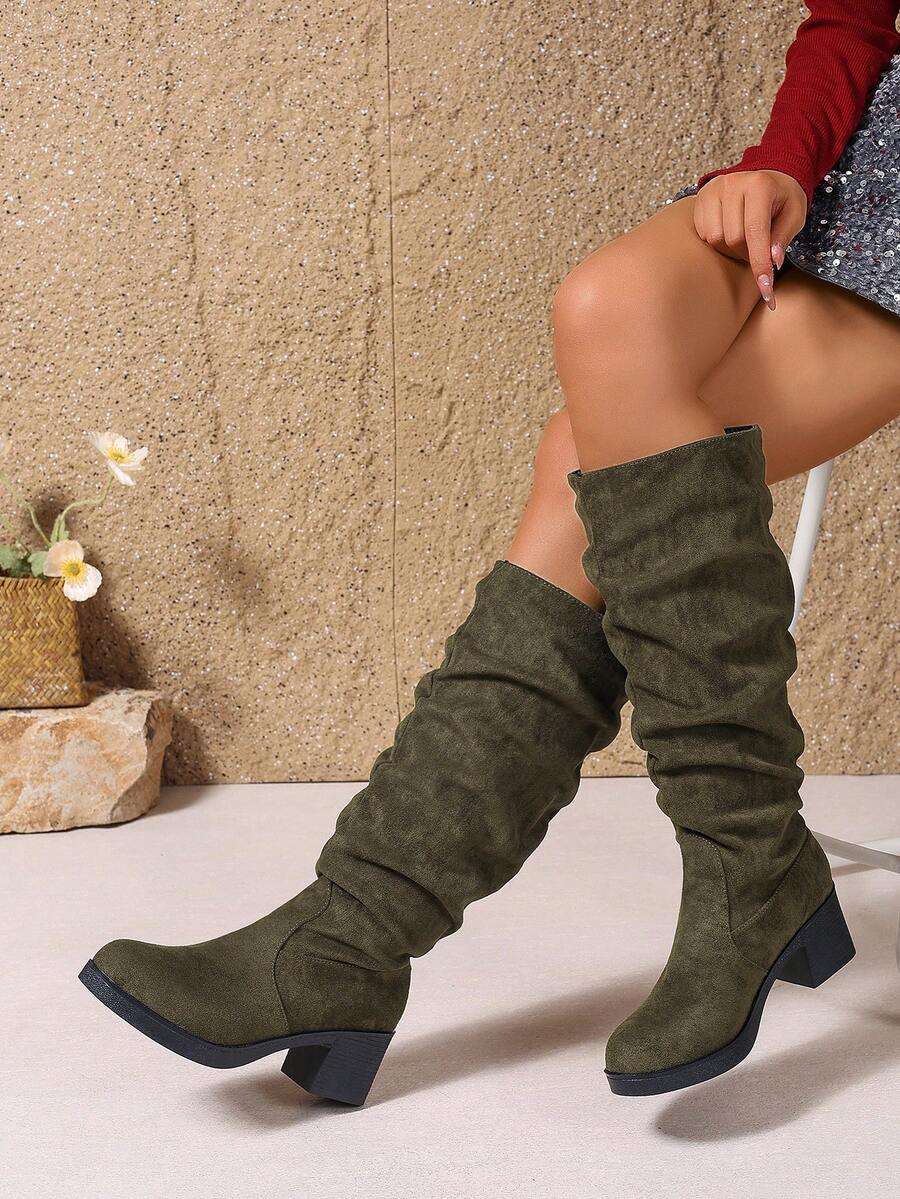 新款橄榄绿女士时尚靴子，粗跟厚底圆头褶皱中筒靴，适合春秋冬季，西式风格 - 軍綠色 - 查看 1