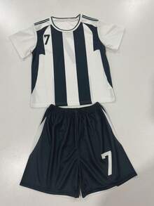 Customizable Name/Team Kids Football Jersey Set, #7 Crew Neck Top With Slight Stretch, Black & White, Suitable For Football Parties, Weekends, Running, Yoga, Hiking - Spring/Summer Sportswear, Sports Set/Casual Sportswear/Training Suit/Boys Set/Suitable For Outdoor Activities - Black and White - View 2