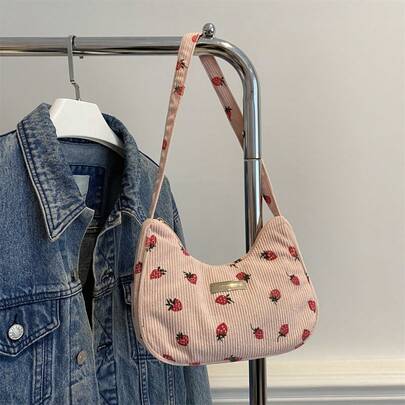 1 pieza Bolso de hombro de pana de unicolor de moda, con estampado de fresa, bolso de mano en forma de media luna casual, bolso de trabajo multifuncional para mujeres (con cremallera, forro, color aleatorio)
