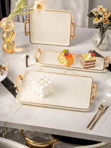 1pc Elegant Gold Trimmed PS Plastic Tray Set - Multipurpose Rectangular Tray For Kitchen, Dining Room, Living Room - Great For Tea, Snacks, Candy, Baked Goods - Perfect For Weddings, Gifts, Birthday Events