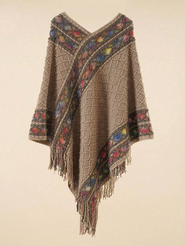 1pc Women's Retro Rhombus Plaid Retro Pattern Tassel Decor Lightweight Knitted Poncho Shawl, Casual Outdoor Travel Slouchy Jacket Scarf, Spring/Autumn/Winter