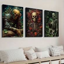 3 幅现代骷髅与花卉墙面艺术帆布海报，高清打印可选画框，客厅和卧室家居装饰挂画 - 彩色 - 查看 4