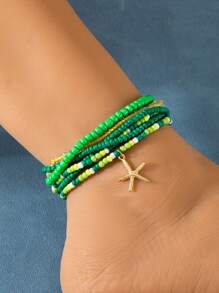 Set da 6 cavigliere stile boemico da spiaggia, stile vacanza, multicolore, perline, cavigliere in lega con pendente a forma di stella marina (fatto a mano, quantità e colori delle perline casuali)