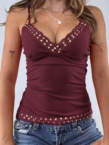 Y2K风格纯色深V领细肩带露背修身性感蕾丝吊带背心，街头风毕业季上衣，适合夏季海滩、约会、音乐节、演唱会和7月4日庆祝活动等休闲场合。 - 酒紅色 - 查看 6