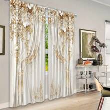 [Luxury Lace Curtain] 2pcs Luxury Polyester European Lace Pearl Curtains - Fashion Modern 2D Stereo Pattern Gorgeous Rod Art Wall Hanging Bedroom Living Room Dormitory Decoration