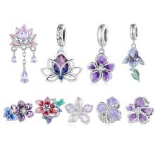 WOSTU 1 pièce Pendentif fleur de lotus en argent sterling 925 Élégante perle de charme de fleur violette avec procédé d'émail pour femme Bracelet DIY Bijoux de fête Cadeau