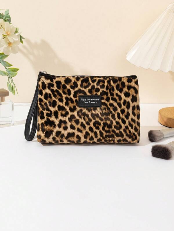 1 Pc Leopard Print PU Leather Cosmetic Bag, Portable Handheld Makeup Tool Storage Pouch