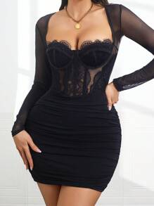 1pc Lace Dress Long Sleeve Women Dresses Sexy Ruched Bustier Bodycon Dress