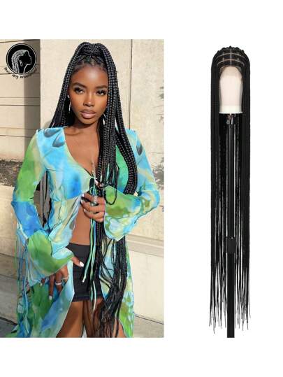 56" Full Double Lace Large Knotless Box Braided Wigs With Baby Hair Handmade Super Long Braided Lace Front Wig For Women Synthetic Embroidery Lace Knotless Cornrow Braids Wig Daily Used