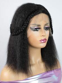 QVR QUEEN VIRGIN REMY Peluca bob con encaje T, cabello humano recto rizado, tipo yaki, cabello remy, encaje transparente, sin pegamento, color negro natural - Natural Black - Ver 5